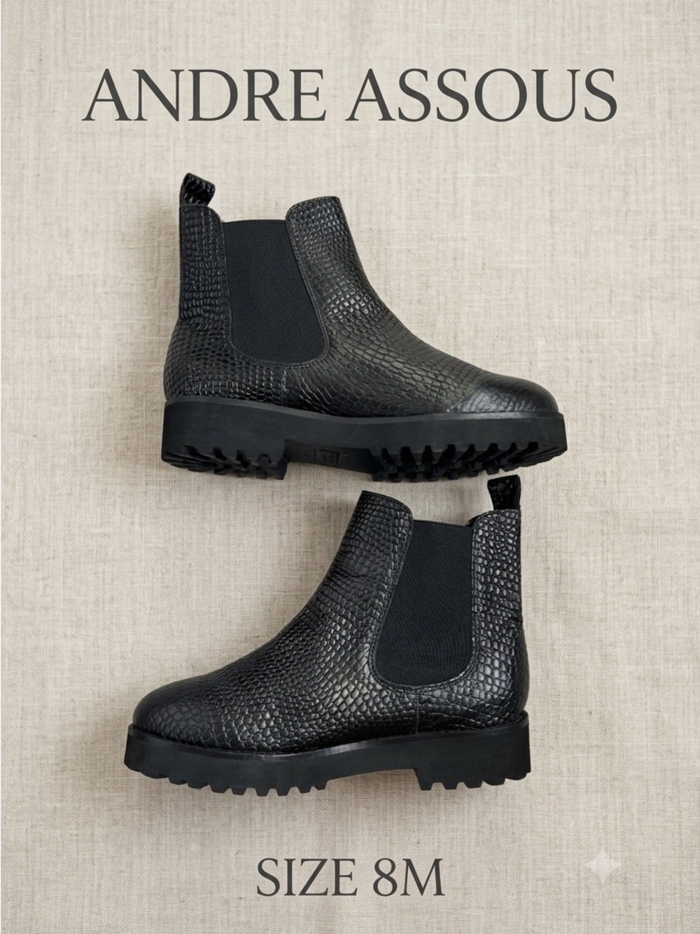 ANDRE ASSOUS Peggy Women’s Booties Black Croc-Like Embossed Leather Chunky 8M